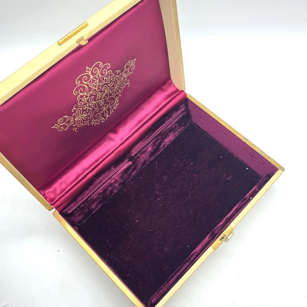 Vintage Farrington Jewelry Box Cream Faux Leather Gold Scrollwork Purple Velvet